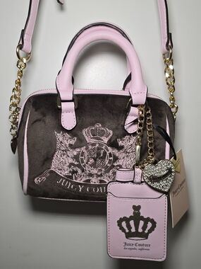 💝 Juicy Couture Classic Scottie Dogs Mini Satchel – Brown Velour & Pink Trim 💝